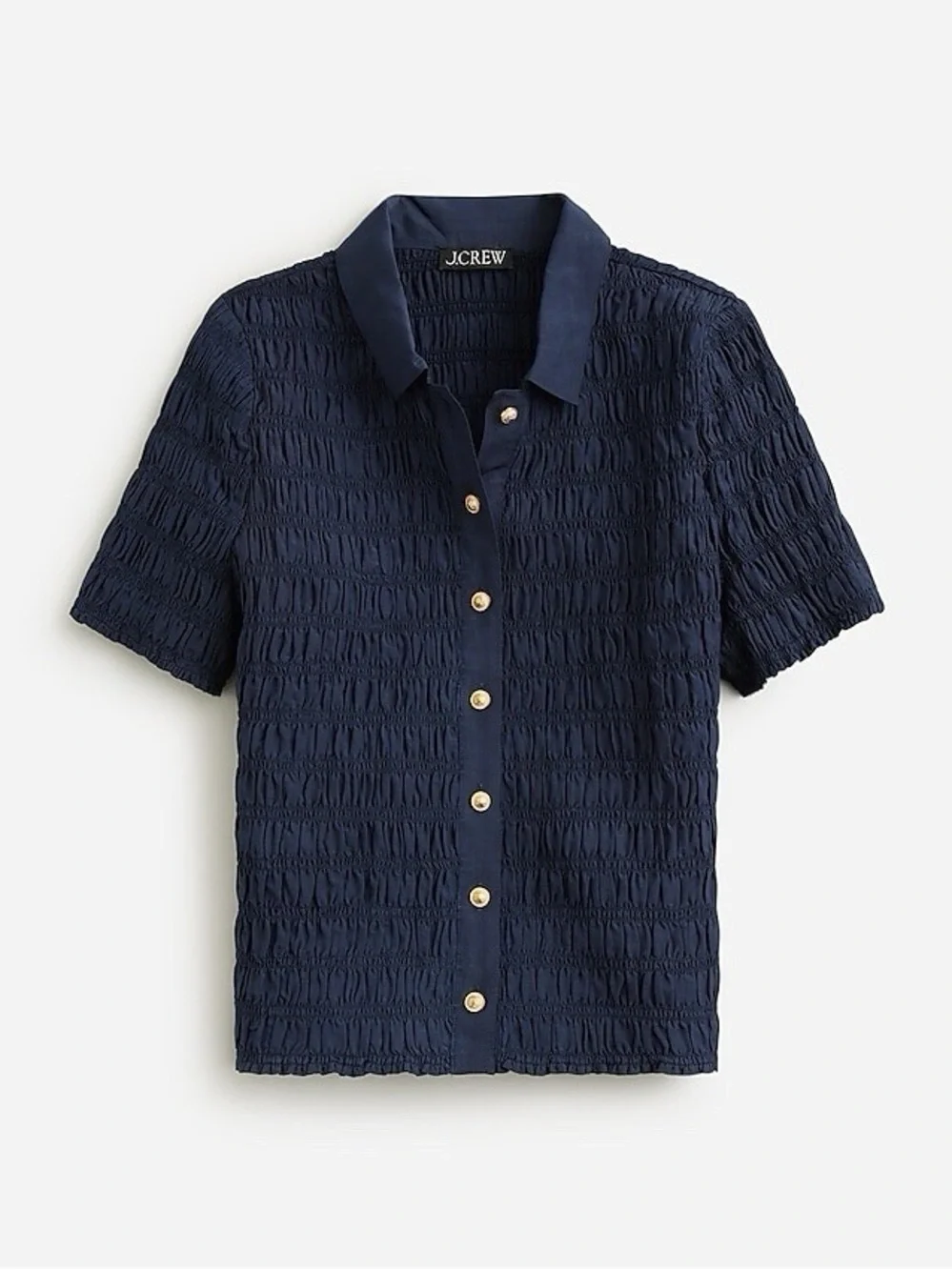 J. Crew Smocked Ruched Button-Up Short Sleeve Blouse, Size Large - Picture 1 of 4